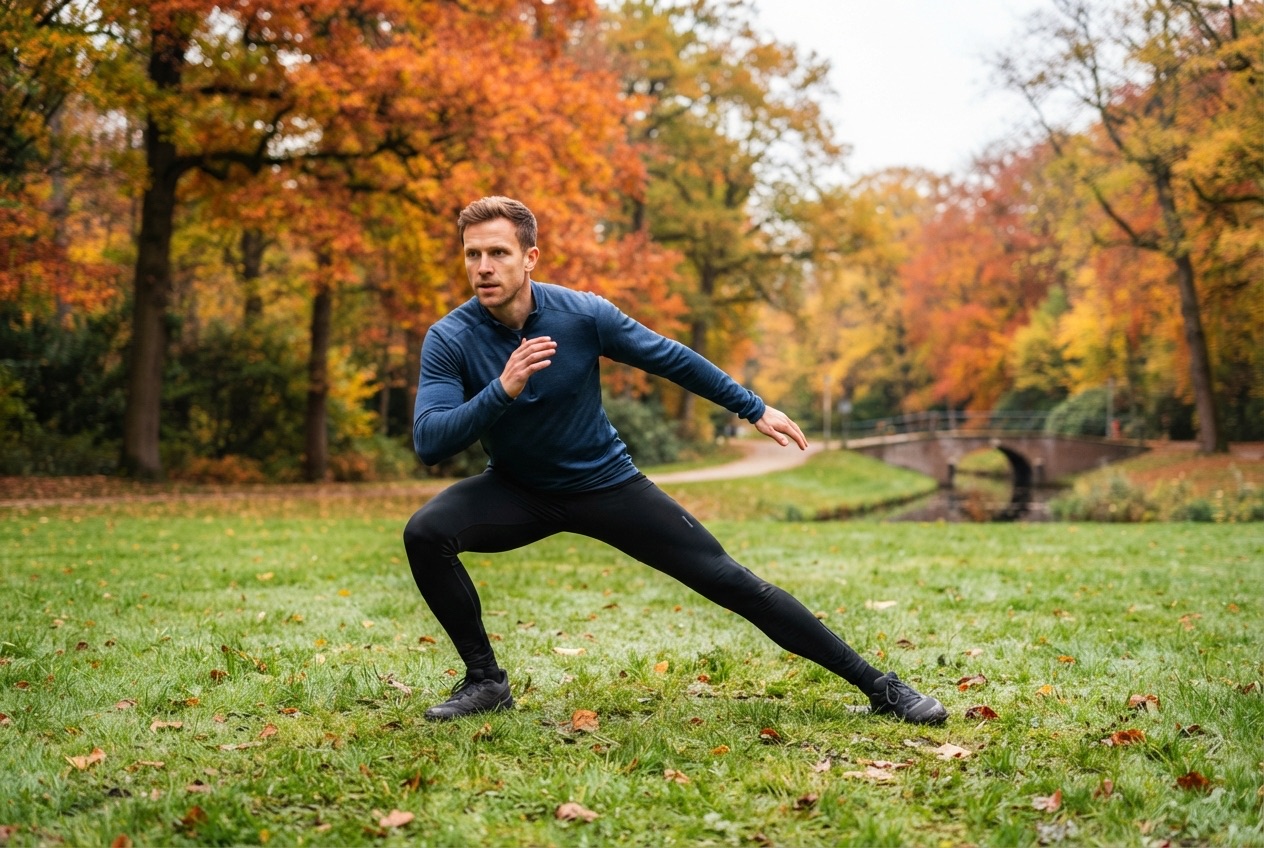 Man doet een zijwaartse lunge in het park