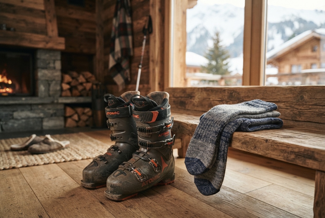 Skischoenen naast een paar kniehoge wollen skisokken in een chalet